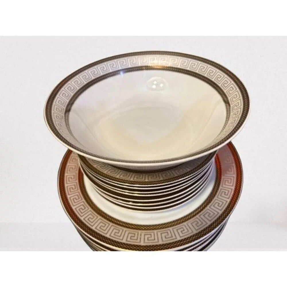 28 Piece Vintage Chattanooga Dining Set with Gold Greek Key Accents